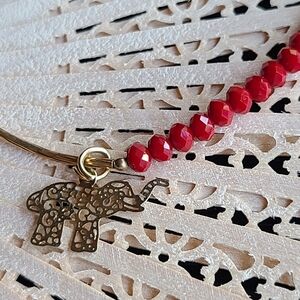Vintage Red Beaded Bracelet with Gold Elephant Charm